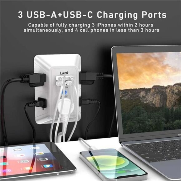 5 Outlet Extender Multi Plug Wall Outlets with 4 USB Charging Ports 1 USB C Out - Picture 2 of 8
